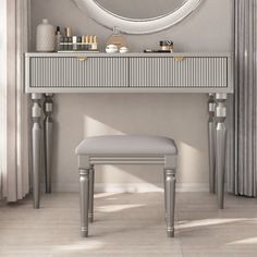 a bathroom vanity with a stool and mirror