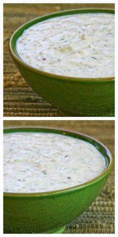 two pictures of a green bowl filled with white soup and another photo of the same bowl