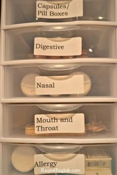 the drawers are labeled with labels for different things