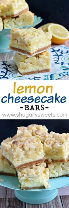 lemon cheesecake bars are stacked on top of each other and ready to be eaten