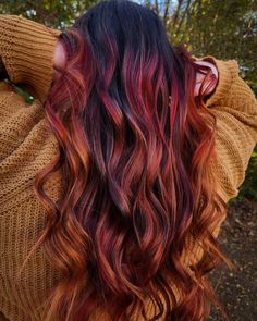 Black and Red Root Smudge Multicolor Red Hair, Auburn Highlights In Red Hair, Fall Leaf Hair Color, On Trend Hair Colour, Multi Red Hair, Fall Themed Hair Color, Wine Red And Blonde Hair, Fall Inspired Hair Color Brunettes, Copper Hair With Dark Roots Red Ombre