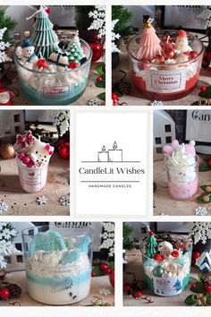 several pictures of christmas themed cakes in glass containers