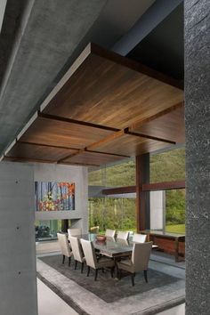 a dining room table and chairs in front of a large window