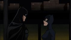 batman and catwoman standing next to each other in the dark knight animated film,