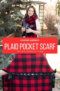 a woman wearing a red and black plaid blanket with text overlay that reads, plad pocket scarf