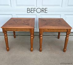 two wooden tables sitting next to each other in front of a garage door with the words before and after written on them