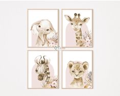 three pictures of animals with flowers on them