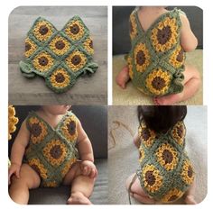 four pictures of a baby wearing a crocheted sunflower romper and diaper