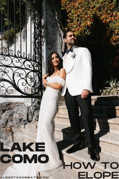 a man and woman in formal wear posing for a photo on stairs with the caption lake comoo how to elope