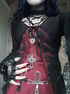 Gothic Valentine Outfit, Emo Vampire Outfit, Gothic Red Outfit, Black Lace Gloves Outfit, Black And Red Goth Outfit, Red Whimsigoth Outfit, Red And Black Goth Outfits, Goth Romantic Outfit, Devilcore Outfits