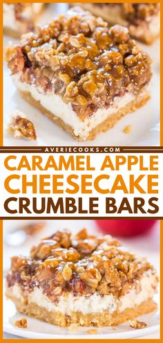 caramel apple cheesecake crumble bars on a white plate with an orange border