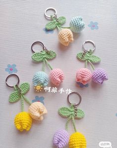 crochet keychains with fruits and leaves on them are shown in different colors