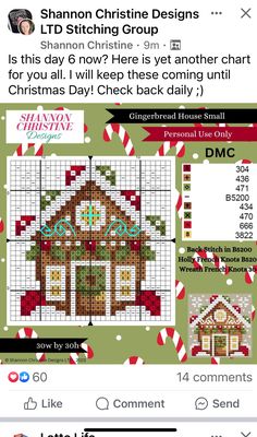 a cross stitch pattern for a christmas house with candy canes on the front and side