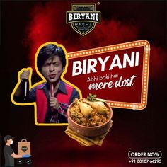 an advertisement for biryani with a man holding a beer in his hand