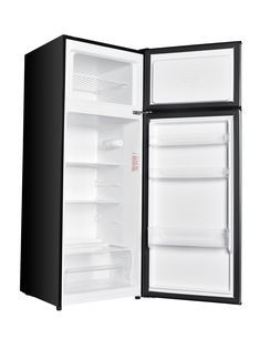 an open refrigerator with the door wide open and no ice maker on it's side