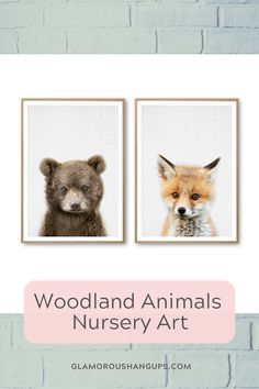 two pictures of animals with the words woodland animals nursery art