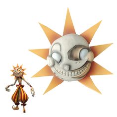 a cartoon character is next to an evil looking sun with its eyes closed and mouth open