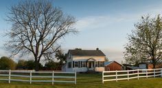 a white picket fence in front of a house and tree with no leaves on it