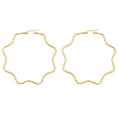 Stately Steel Wavy Hectogram Hoop Earrings - 2-3/8" When it's time to move in new hoop circles, head for hectograms. The rippling silhouette sports extra flair, and is just as easy to style and wear as those traditional loops.       Approx. 2-3/8"L x 1/16"W  x 2-3/8" diameter     Stainless steel      Pierced with joint-and-catch closures     Made in China Steel Jewelry, Stainless Steel Jewelry, Gold Hoop Earrings, Circles, Made In China, Gold Tones, Hoop Earrings, Jewelry Earrings, China