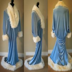 Velvet robe-1920's-Old Hollywood style-baby blue velvet- Full length robe-faux fur collar and trim. Elegant softly draped,Old Hollywood inspired,beautiful baby blue velvet robe with full fluffy white faux fur trim ,collar, cuffs and bottom hem. Hook and eye front closure. Inspired by Art Deco and Erte this gorgeous cocoon robe will envelope you in soft luscious velvet and make you feel like the glamorous diva you are. Based on an original Art Deco period pattern, this robe has dolman batwing sle Old Hollywood Style, Hollywood Style, Original Characters, Hollywood Fashion, White Faux Fur, Womens Robes, Stretch Velvet, Faux Fur Collar, Green Velvet