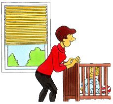 a woman in red shirt standing next to a crib