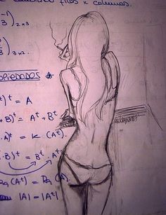 a drawing of a woman's back in front of a whiteboard with calculations on it