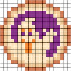 a cross stitch pattern with an image of a woman's face in purple and orange