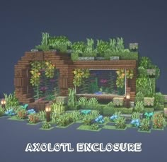 an image of a house made out of plants and rocks with the words axolot enclosure above it