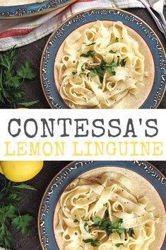 two plates filled with lemon linguinne and topped with parsley