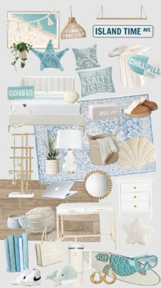 a collage of blue and white items with the words island time on them,