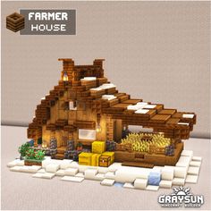 an image of a house made out of wood and bricks with the words farmer house on it