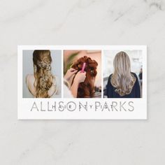 the salon business card features photos of women with long hair