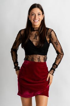 Velvet wrap mini skirt fuchsia - Trendy T-Shirts for Valentine's Day at Lush Fashion Lounge Boutique in Oklahoma City Red Velvet Skirt Outfit, Velvet Skirt Outfit, Red Velvet Skirt, Black Velvet Skirt, Mesh Long Sleeve Top, Skirt Model, Wrap Mini Skirt, Velvet Skirt, Women's Boutique