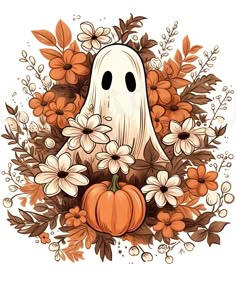 a ghost surrounded by flowers and pumpkins