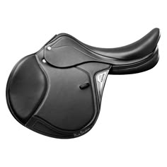 a close up of a black saddle on a white background