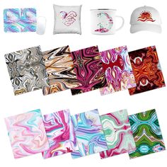 six different types of marbled designs on pillows and hats, all in various colors