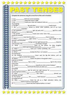 the past tense worksheet is shown in blue and yellow with stars around it