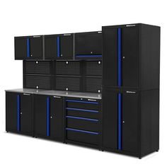 three black cabinets with blue stripes on the doors and one is open to show what's inside