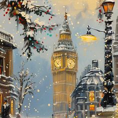 a painting of big ben in the snow