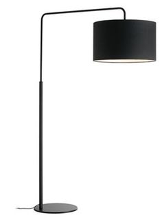 a floor lamp with a black shade on the base and a white light behind it