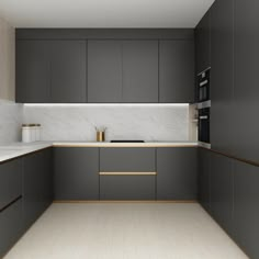 an empty kitchen with grey cabinets and white counter tops is seen in this rendering image