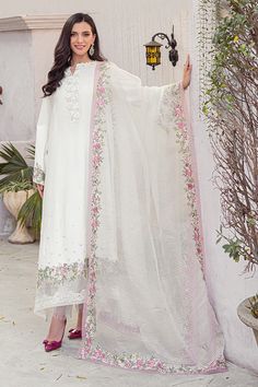 Pakistani White Cotton Net Salwar Kameez Ladies Party Dress Pakistani Party Wear, Embellished Neckline, Pakistani Salwar Kameez, Party Dresses Online, Suit Fabric, Pakistani Outfits, How To Dye Fabric, White Sand, Embellished Dress