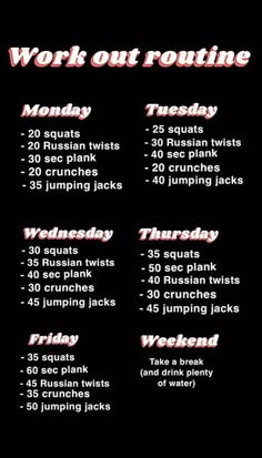 the workout routine for women is shown in red and black, with text that reads work out