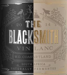 a bottle of wine with the label black smith on it's front and side