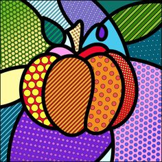 an abstract painting with colorful colors and dots on the bottom half of it, depicting apples