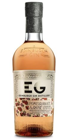 a bottle of e g pomegranate and rose wine is shown on a white background