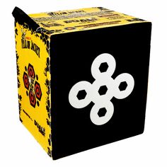 a black and yellow box with white designs on it