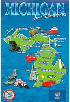 the michigan state map is shown with all its attractions and major cities, including lighthouses