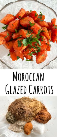 moroccan glazed carrots with spices and seasoning on the side in a glass bowl