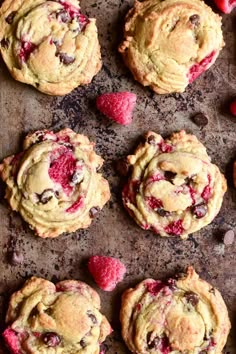 raspberry chocolate chip cookies on a baking sheet